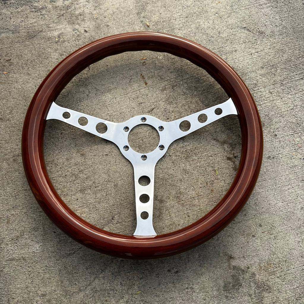 thumbnail image 2 of 15 Inch Chrome & Real Wood Riveted Steering Wheel – 380mm, 6-Bolt, With Horn – RASTP STW015-B 2 of 4
