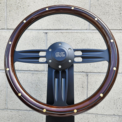 thumbnail image 2 of 14-Inch Mahogany Wood Steering Wheel – 3 Spoke Slotted Design For Chevy Ford GMC 2 of 5