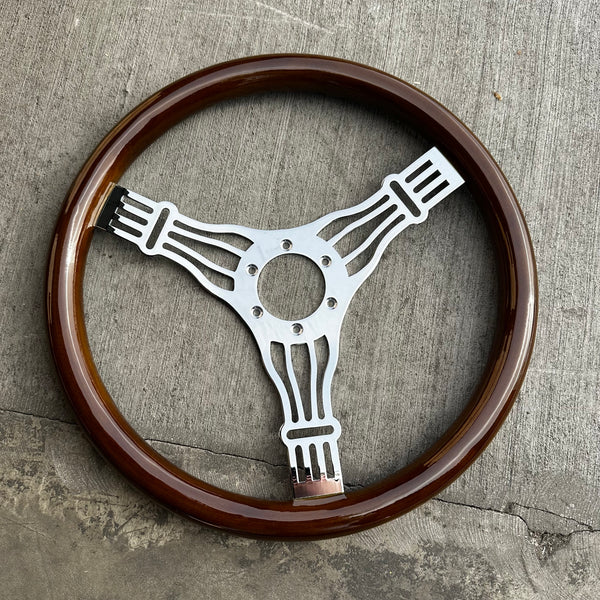 15 Inch Banjo Steering Wheel - Real Wood & Chrome, With Horn Button, For Chevy, GMC, Nova, C10