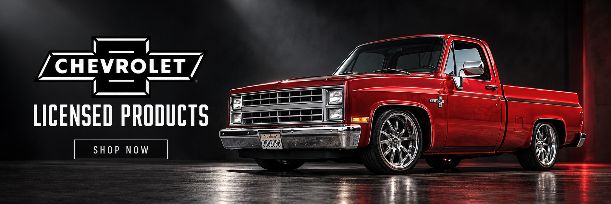 Shop Chevrolet licensed steering wheels and horn buttons from Forever Sharp. Banner shows a red classic Chevrolet pickup and a Shop Now button.