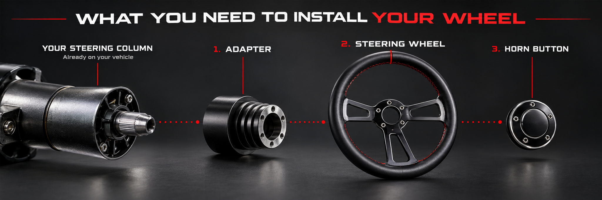 What you need to install an aftermarket steering wheel: your existing steering column, then an adapter, steering wheel, and horn button, shown in assembly order.
