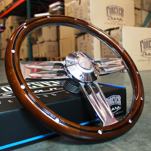 14" Polished Double Barrel Mahogany Forever Sharp Steering Wheels